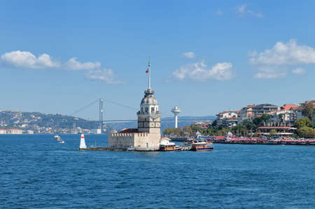 View at Maiden tower and suspension bridge over the Bosphorus in Istanbul, Turkeyのeditorial素材