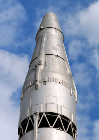 Head part of one of the first Soviet ballistic missiles capable of carrying a nuclear warhead on the blue sky backgroundのeditorial素材
