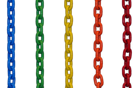 Blue, green, yellow, orange, red metal chains are isolated on a white backgroundの写真素材