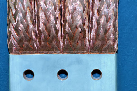 Copper electric bus busbar close-up. Shallow depth of field