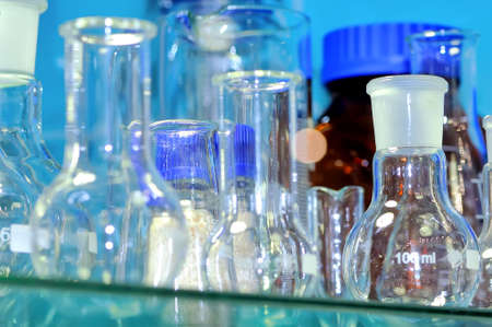 Glass flasks and bulbs in various shapes and sizes. Shallow depth of fieldの写真素材