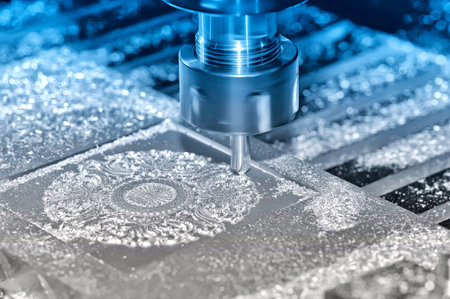 Machining of a metal part on an industrial milling machine. On a surface of a detail there are...