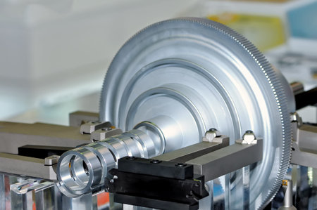 Metal industrial part is machined on an industrial machine lathe