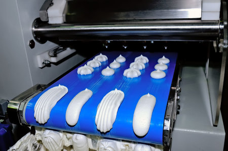 Confectionery production of meringue. The baking machine with the conveyor on which there are confectioneryの写真素材