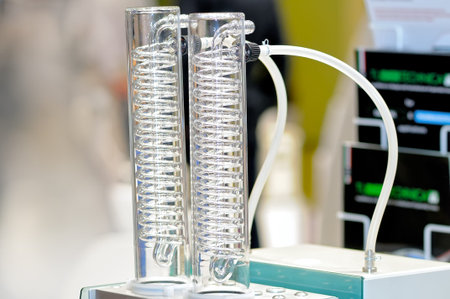Device for chemical laboratory: glass tubes with glass spirals inside. Small depth of sharpness