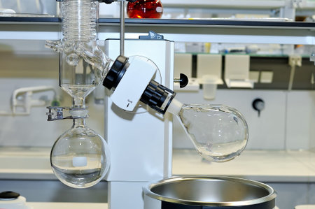 Device for chemical laboratory: glass bulbs and tube with glass spirals inside. Small depth of...
