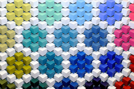 Abstract 3D background from multi-colored cubes. Geometrical ornament from cubes