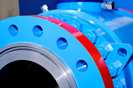Industrial valve gate of blue color for pipelines of pumping of natural gas and oil