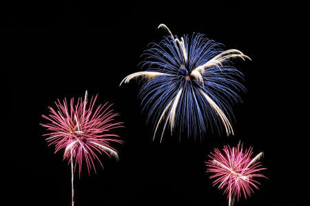 Amazing blue, white and pink fireworks on dark backgroundの写真素材
