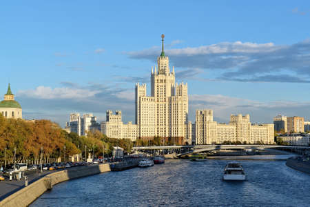 Moscow cityscape with Stalin's high-rise building on Kotelnicheskaya embankment and the Moskva riverの写真素材