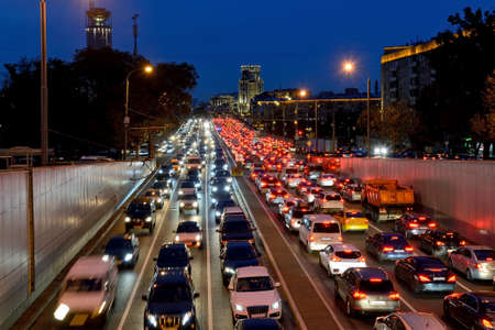 Night car traffic on the Garden ring street on departure from a tunnel in the center of Moscowのeditorial素材