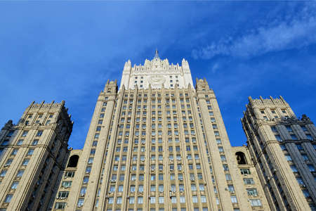The building of the Ministry of Foreign Affairs of the Russian Federation, one of Stalin's skyscrapers in Moscow. Bottom view.のeditorial素材