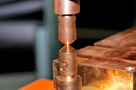 Copper contacts of electric welding machine. Small depth of sharpness