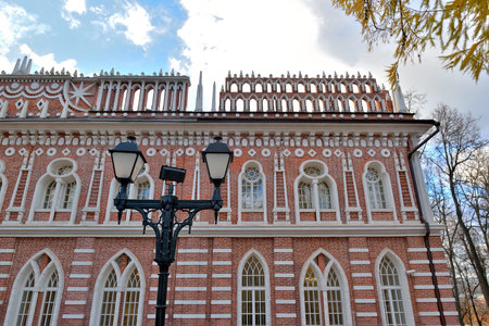 Moscow, Russia - November 21, 2018: Fragment of the facade of the Opera House in the Museum Park Tsaritsyno. Tsaritsyno is a big architectural complex, landscaped park with decorative pondsの写真素材