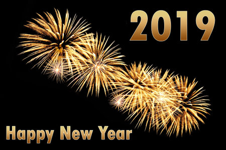 Happy new year 2019 the brilliant text of gold color and flash of golden festive fireworks of a...