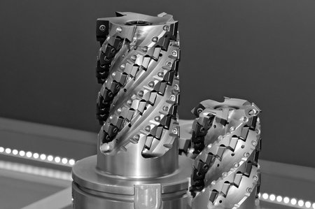 Modern industrial cutters. Cutting tools. Black and white image.