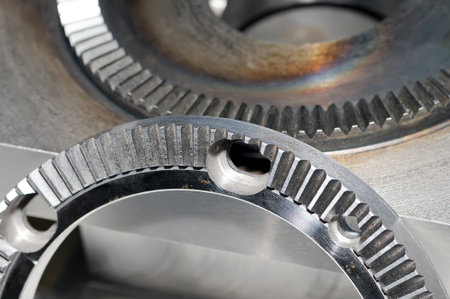 Industrial product, metal part, industrial detail of a round form with teeth. Close up