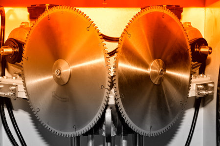 New modern industrial circular saw disks. Red toned image