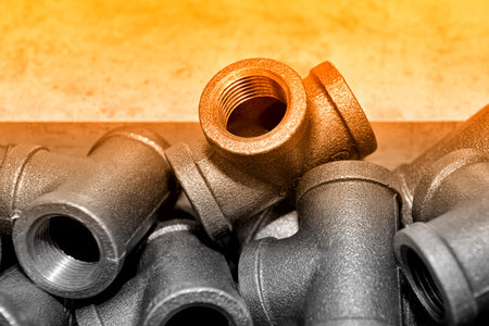 Metal sanitary tees, adapters for water supply pipes lie in a pile. Shallow depth of field. Red...