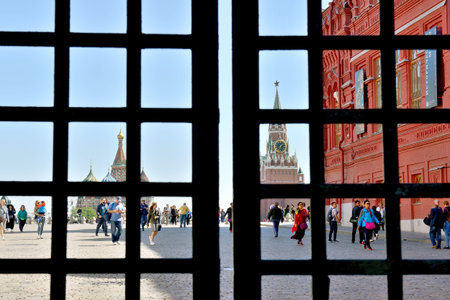 Moscow, Russia - May 16, 2019: View of the Red Square, the Spasskaya Tower of the Moscow Kremlin and...