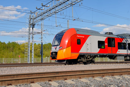 Moscow, Russia - May 4, 2019: New train of the Moscow Central railway Circle MCC, called Lastochka,...