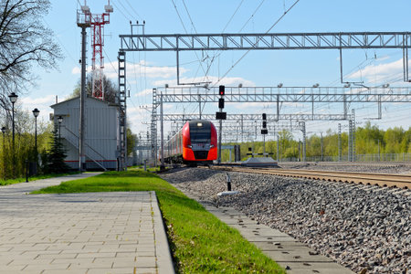 Moscow, Russia - May 4, 2019: New train of the Moscow Central railway Circle MCC, called Lastochka,...