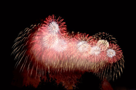 Amazing red, white, golden fireworks on dark background. Flashes of fireworks of red color