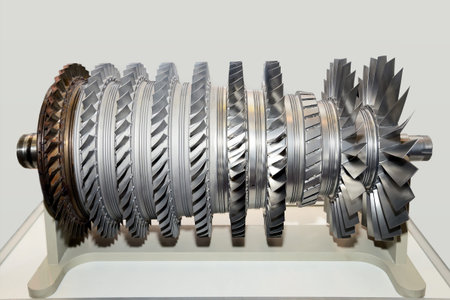 Large metal industrial turbine with blades on a gray background.