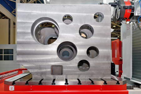 Metalworking product - large rectangular steel part with holes of various diameters on an industrial machineの写真素材