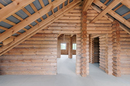 Country house made of logs, interior without furniture. Log house interior under constructionの写真素材