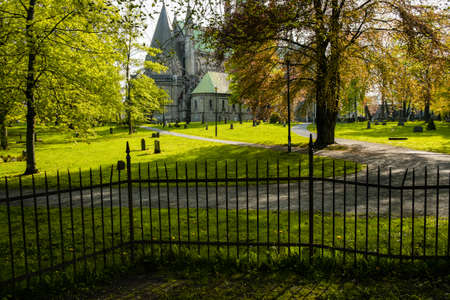 Beautiful view of Nidaros Cathedral from the parkの写真素材
