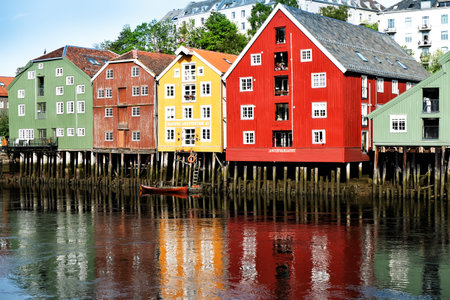 TRONDHEIM, NORWAY - June, 2017. View of  ancient buildings on Nidelva river
