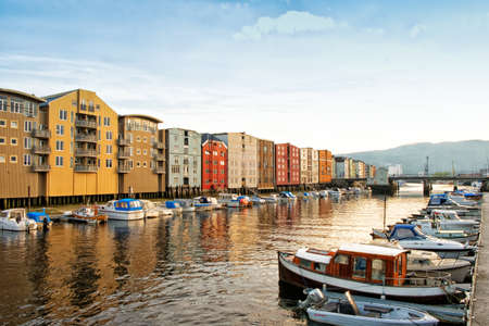 TRONDHEIM, NORWAY - June, 2017. Boats moored in harbor on Nidelva riverのeditorial素材