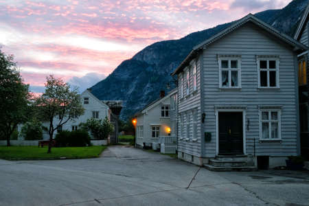 LAERDAL, NORWAY - June, 2017. Sunset in  picturesque old city centre of Lærdalsøyri villageのeditorial素材