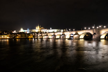 PRAGUE, CZECH REPUBLIC - November, 2017. The Charles Bridge and Prague Castle at night