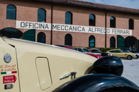 Modena, Italy - March, 2018. Classic and vintage cars on display in the square of the Enzo Ferrari museum house on the occasion of the Concours d'Elegance Trofeo Salvarola Termeのeditorial素材