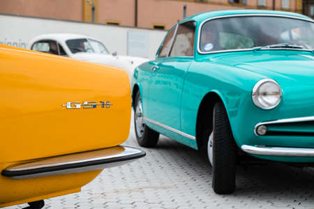 Modena, Italy - March, 2018. Classic and vintage cars on display in the square of the Enzo Ferrari museum house on the occasion of the Concours d'Elegance Trofeo Salvarola Termeのeditorial素材