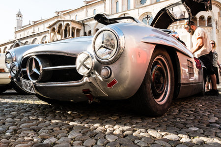 MODENA, ITALY - June, 2018. Left view of a Mercedes Benz 300 SL Gullwing of 1956 in Piazza Grande