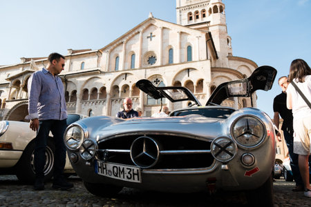 MODENA, ITALY - June, 2018. Left view of a Mercedes Benz 300 SL Gullwing of 1956 with open doors in...