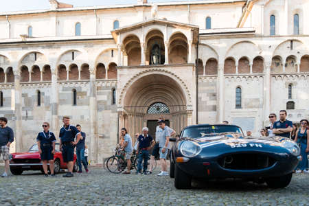 MODENA, ITALY - June, 2018. A Jaguar E-type semi lightweight of 1965 in Piazza Grande at the end of the race Modena 100 ore Classicのeditorial素材
