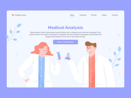 Medical tests and analyzes. Characters doctors with test tubes in their hands. Landing Page Design Template. Vector illustration.のイラスト素材
