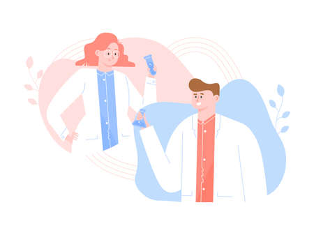 Scientists or doctors in white coats are holding test tubes. Research medical illustration. Laboratory experiments and analyzes. Vector flat.のイラスト素材