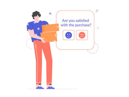 Feedback or rating concept illustration. A young man with boxes in his hands. Evaluates the service. Online shopping and reviews. Vector flat design.のイラスト素材