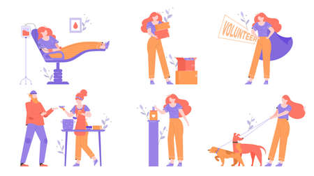 Helping others, gratuitous assistance, aid, volunteering and charity. Blood, clothes and money donation. Food bank for homeless a dog shelter. Trendy illustrations set with a female character.のイラスト素材