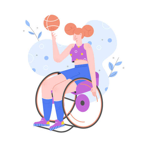 Sports activities for disabled persons. Girl in a wheelchair plays basketball. Paralympics. Trend vector flat character.のイラスト素材