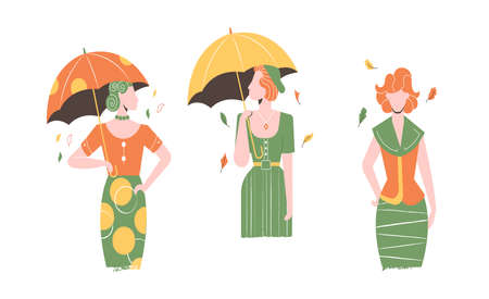 Set of three elegant girls. Stylish autumn ladies with umbrellas, framed by leaves. Vector illustration.のイラスト素材