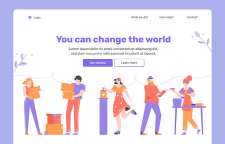 Helping others, gratuitous assistance, aid, volunteering and charity. Clothes and money donation, food bank for homeless. Landing page concept template.のイラスト素材