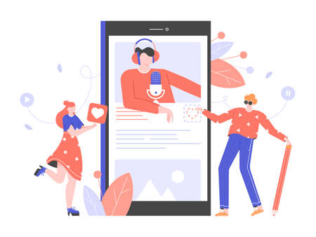 Podcasts, radio, online courses, webinars. Young people study, listen to a lecture on a smartphone. Distance online education. Vector flat illustration.のイラスト素材