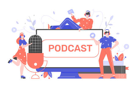 Podcasts,radio, online courses. Young people record episodic series of digital audio files, an online show. Large microphone, computer monitor, books. Vector flat characters. Concept illustration.のイラスト素材