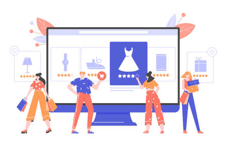 Online shopping and e-commerce. Monitor with an online store, product cards with goods rankings, a girl makes a purchase. Buyers with bags and gift boxes. Vector flat illustration.のイラスト素材